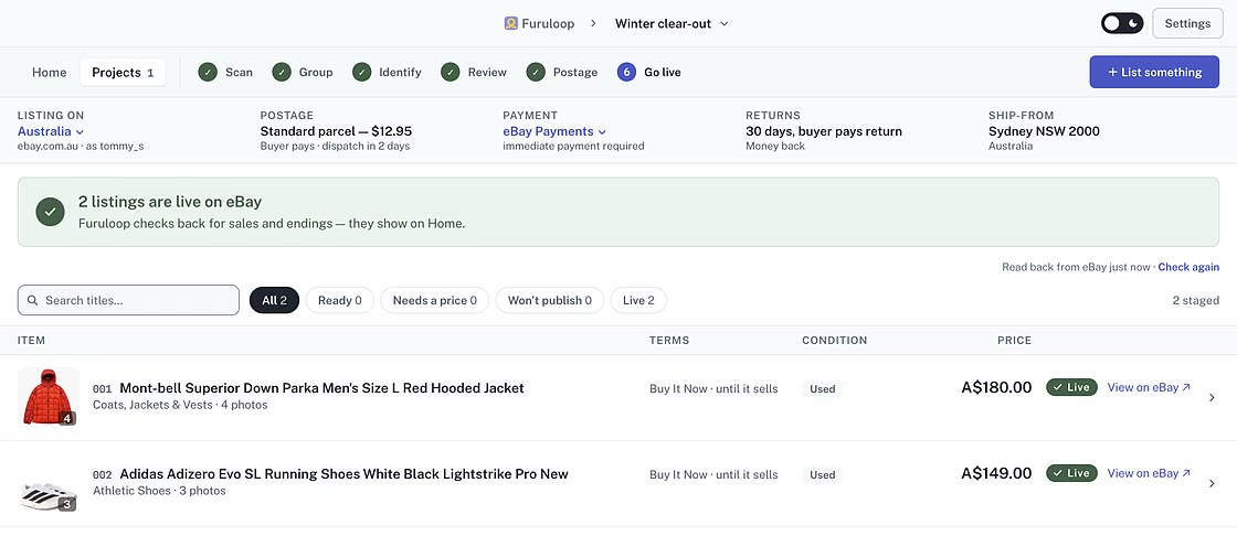 The Go live screen, with sample data. A banner reads “2 listings are live on eBay”, and the two listings, a down parka at A$180.00 and running shoes at A$149.00, are marked Live with a View on eBay link each.